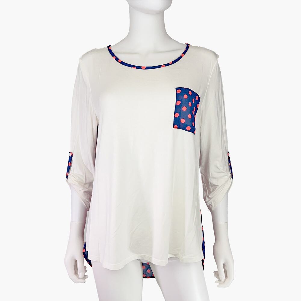 ADRIENNE Blue & Red Polka Dot Back Blouse Top (White | Size L)